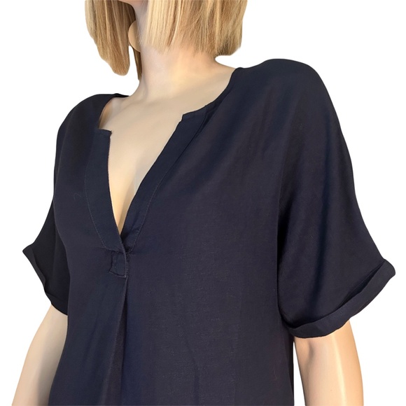 Paradis Linen & Rayon Dress Tunic Style Short sleeve Hip Pockets Versatile Navy - Picture 6 of 16